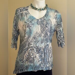 Papa Vancouver Blues White Lace /Sheer V Neck Floral Design Blouse Sz XL